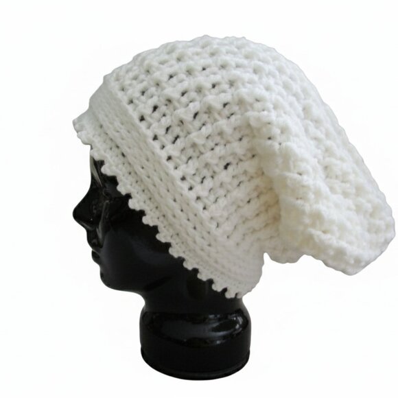 Handmade White Crochet Slouchy Beanie Worsted Weight Winter Hat Soft Acrylic - Picture 10 of 10